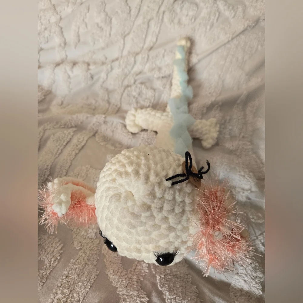 Handmade Crochet White Pink Blue Axolotl Plush Approx 17 In Long - Picture 3 of 11